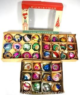 Three (3) Boxes of Vintage Hand Painted Poland Glass Ornaments with Indents.