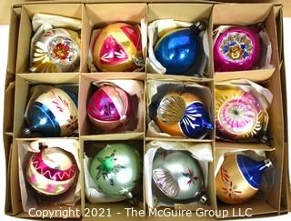 Three (3) Boxes of Vintage Hand Painted Poland Glass Ornaments with Indents.