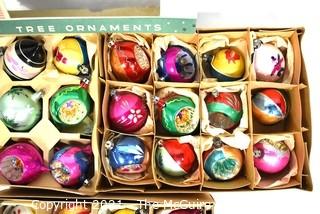 Three (3) Boxes of Vintage Hand Painted Poland Glass Ornaments with Indents.