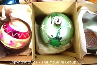 Three (3) Boxes of Vintage Hand Painted Poland Glass Ornaments with Indents.