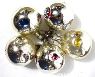 Set of Five (5) Silver with Bright Painted Dimples Christmas Ornaments in Box