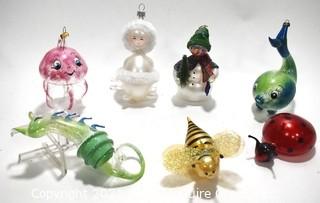  Collection of Seven (7) Free Blown Glass Christmas Tree Ornaments Including Ocotopus, Angel, Snowman, Whale, Sea Creature, Bumble Bee & Lady Bug. 