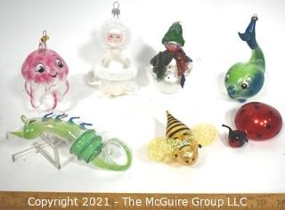  Collection of Seven (7) Free Blown Glass Christmas Tree Ornaments Including Ocotopus, Angel, Snowman, Whale, Sea Creature, Bumble Bee & Lady Bug. 