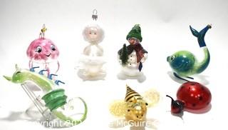  Collection of Seven (7) Free Blown Glass Christmas Tree Ornaments Including Ocotopus, Angel, Snowman, Whale, Sea Creature, Bumble Bee & Lady Bug. 