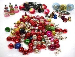 Mixed Group of Vintage Christmas Ornaments.  Includes Bells, Glass Christmas Tree Lights, Jewel Brite Diorama and Small Glass Ball Ornaments.