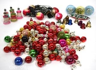 Mixed Group of Vintage Christmas Ornaments.  Includes Bells, Glass Christmas Tree Lights, Jewel Brite Diorama and Small Glass Ball Ornaments.