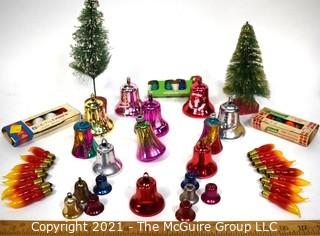 Group of Vintage Christmas Ornaments.  Includes, Bells, Glass Christmas Tree Light Bulbs, and Bottle Brush Trees.