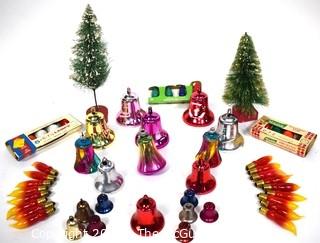 Group of Vintage Christmas Ornaments.  Includes, Bells, Glass Christmas Tree Light Bulbs, and Bottle Brush Trees.