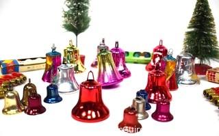 Group of Vintage Christmas Ornaments.  Includes, Bells, Glass Christmas Tree Light Bulbs, and Bottle Brush Trees.