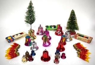 Group of Vintage Christmas Ornaments.  Includes, Bells, Glass Christmas Tree Light Bulbs, and Bottle Brush Trees.