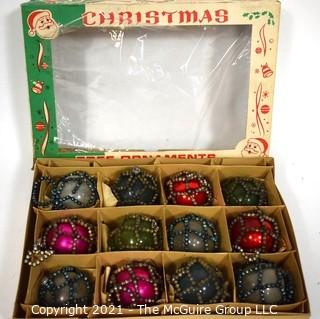 Twelve (12) Vintage Bead Netted Glass Ball Ornaments in Original Box. 