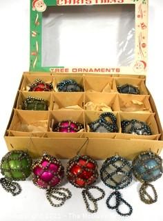 Twelve (12) Vintage Bead Netted Glass Ball Ornaments in Original Box. 