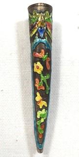 Antique Chinese Enamel Cloisonne Painted Finger Guard Mounted as Brooch.  3 1/2" long.