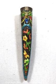 Antique Chinese Enamel Cloisonne Painted Finger Guard Mounted as Brooch.  3 1/2" long.