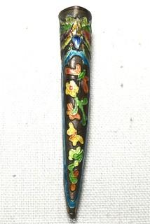 Antique Chinese Enamel Cloisonne Painted Finger Guard Mounted as Brooch.  3 1/2" long.