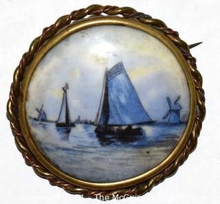 Vintage Delft Blue Porcelain Sailboat Painted Brooch with Brass Surround.