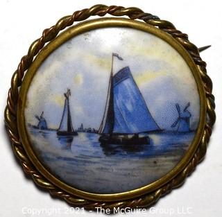 Vintage Delft Blue Porcelain Sailboat Painted Brooch with Brass Surround.