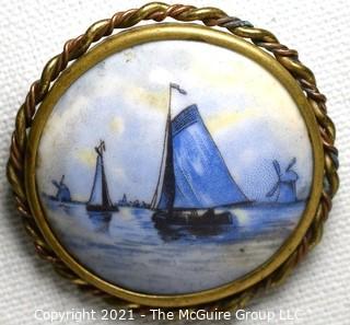 Vintage Delft Blue Porcelain Sailboat Painted Brooch with Brass Surround.