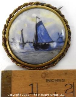 Vintage Delft Blue Porcelain Sailboat Painted Brooch with Brass Surround.