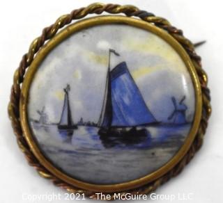 Vintage Delft Blue Porcelain Sailboat Painted Brooch with Brass Surround.