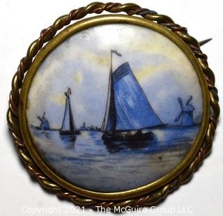 Vintage Delft Blue Porcelain Sailboat Painted Brooch with Brass Surround.