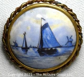 Vintage Delft Blue Porcelain Sailboat Painted Brooch with Brass Surround.