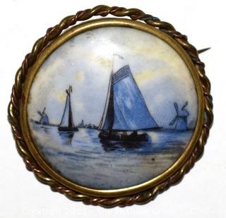 Vintage Delft Blue Porcelain Sailboat Painted Brooch with Brass Surround.