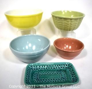 Vintage Group of Pottery Mixing Bowls and Tray in Bright Colors.  