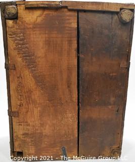 Antique Primitive Hand Crafted Wooden Box or Chest with Iron Brackets and Hasp Closure with Panel Decoration. Measures 8" x 14" x 19".