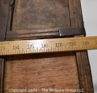 Antique Primitive Hand Crafted Wooden Box or Chest with Iron Brackets and Hasp Closure with Panel Decoration. Measures 8" x 14" x 19".