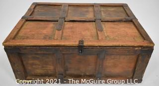 Antique Primitive Hand Crafted Wooden Box or Chest with Iron Brackets and Hasp Closure with Panel Decoration. Measures 8" x 14" x 19".