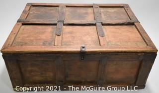 Antique Primitive Hand Crafted Wooden Box or Chest with Iron Brackets and Hasp Closure with Panel Decoration. Measures 8" x 14" x 19".