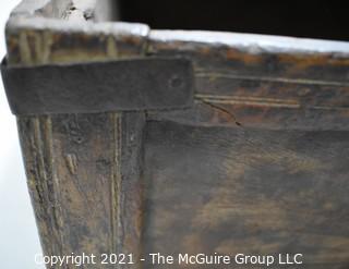 Antique Primitive Hand Crafted Wooden Box or Chest with Iron Brackets and Hasp Closure with Panel Decoration. Measures 8" x 14" x 19".