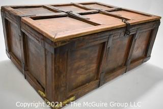 Antique Primitive Hand Crafted Wooden Box or Chest with Iron Brackets and Hasp Closure with Panel Decoration. Measures 8" x 14" x 19".