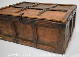 Antique Primitive Hand Crafted Wooden Box or Chest with Iron Brackets and Hasp Closure with Panel Decoration. Measures 8" x 14" x 19".