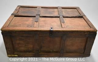 Antique Primitive Hand Crafted Wooden Box or Chest with Iron Brackets and Hasp Closure with Panel Decoration. Measures 8" x 14" x 19".