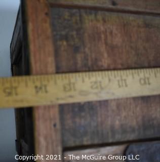 Antique Primitive Hand Crafted Wooden Box or Chest with Iron Brackets and Hasp Closure with Panel Decoration. Measures 8" x 14" x 19".