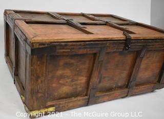 Antique Primitive Hand Crafted Wooden Box or Chest with Iron Brackets and Hasp Closure with Panel Decoration. Measures 8" x 14" x 19".