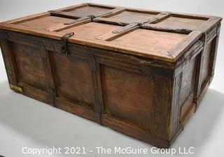 Antique Primitive Hand Crafted Wooden Box or Chest with Iron Brackets and Hasp Closure with Panel Decoration. Measures 8" x 14" x 19".