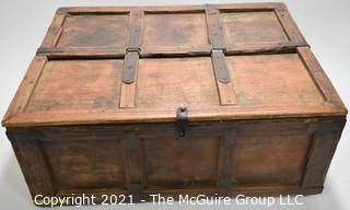 Antique Primitive Hand Crafted Wooden Box or Chest with Iron Brackets and Hasp Closure with Panel Decoration. Measures 8" x 14" x 19".