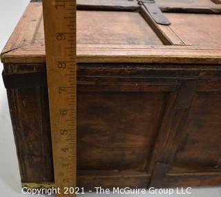 Antique Primitive Hand Crafted Wooden Box or Chest with Iron Brackets and Hasp Closure with Panel Decoration. Measures 8" x 14" x 19".