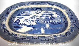 English 19th Century Sampson Bridgwood & Son Blue Willow Ironstone Porcelain Platter.  Measrues 20" x 16".