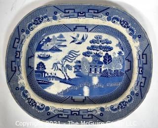 English 19th Century Sampson Bridgwood & Son Blue Willow Ironstone Porcelain Platter.  Measrues 20" x 16".