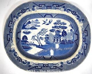 English 19th Century Sampson Bridgwood & Son Blue Willow Ironstone Porcelain Platter.  Measrues 20" x 16".