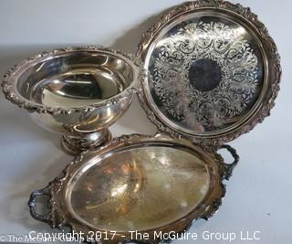 Collection of silverplate serving ware; bowl is 10"T x 16"W