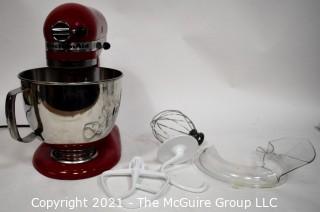 Kitchen Aid Artisan Stand Mixer with Attachments in Empire Red.  Working Condition. 