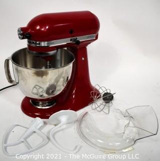 Kitchen Aid Artisan Stand Mixer with Attachments in Empire Red.  Working Condition. 