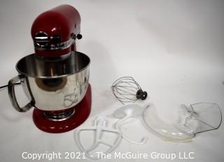 Kitchen Aid Artisan Stand Mixer with Attachments in Empire Red.  Working Condition. 