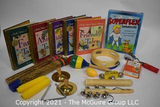 Group of Children's Books And Musical Instruments. {Liquidation of Creative Health LLC, Fairfax, VA}