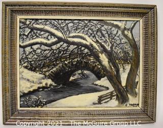 Framed Oil on Canvas of Winter Scene, signed by Artist C Yudain.  Measures 15" x 19".